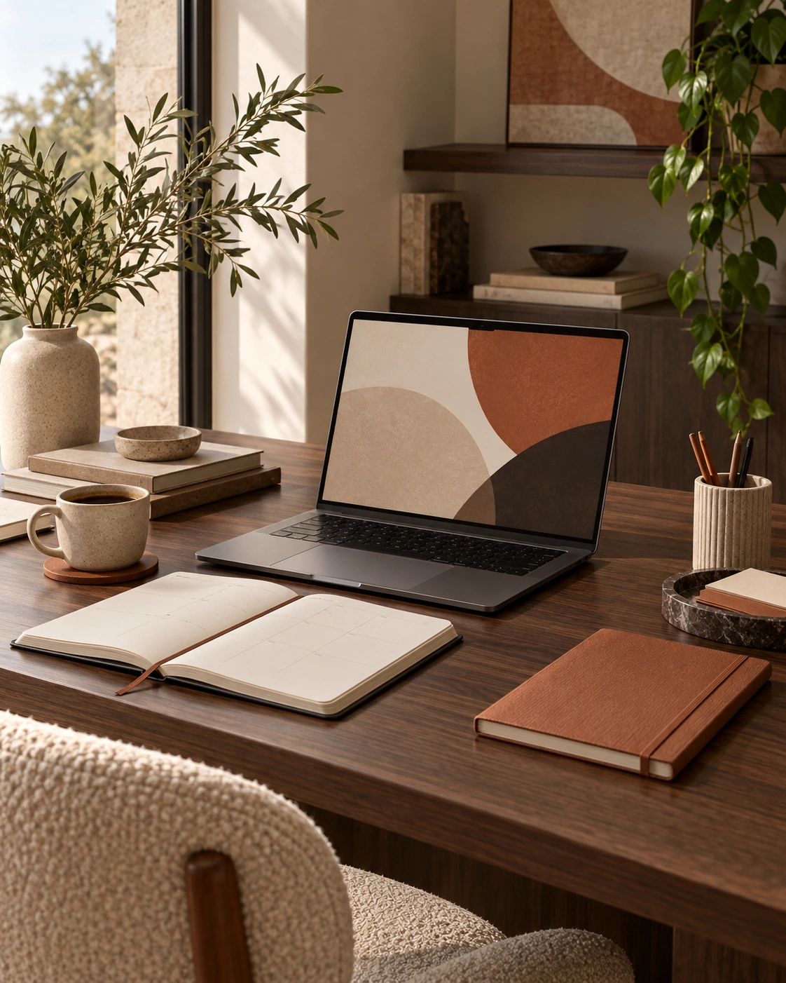 Notebook, agenda e caderno sobre mesa de trabalho.